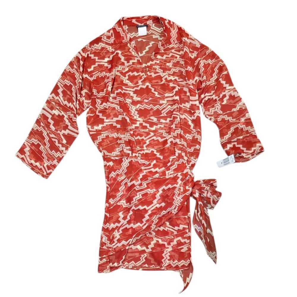 Carmen Marc Valvo Orange White Geometric Sheer Faux Wrap Swim Coverup Dress S